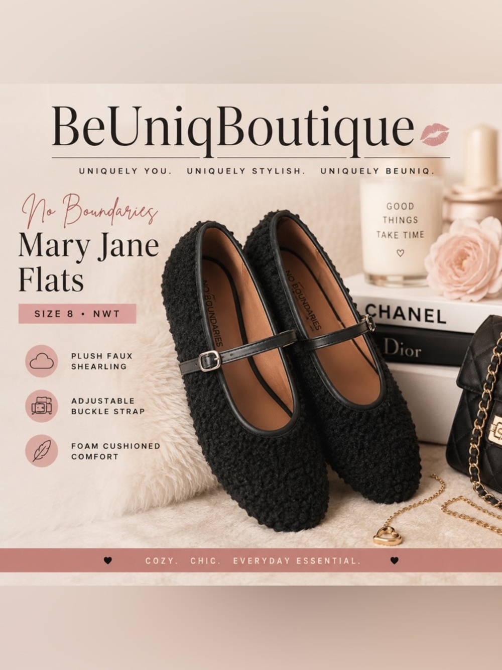No Boundaries Black Faux Shearling Mary Jane Flats Size 8 - Picture 1 of 11